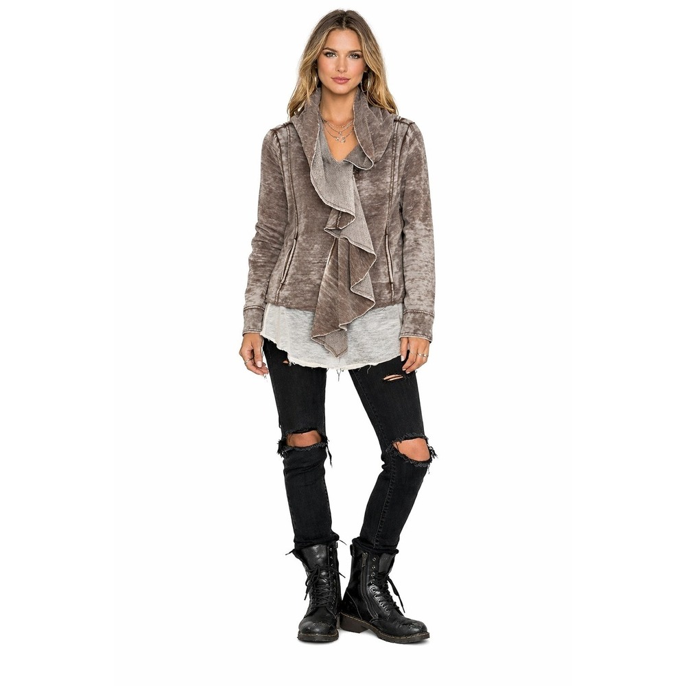 Blanc Noir Women's M Hooded Brown Ruffle Front Open Cardigan‎ Jacket Distressed